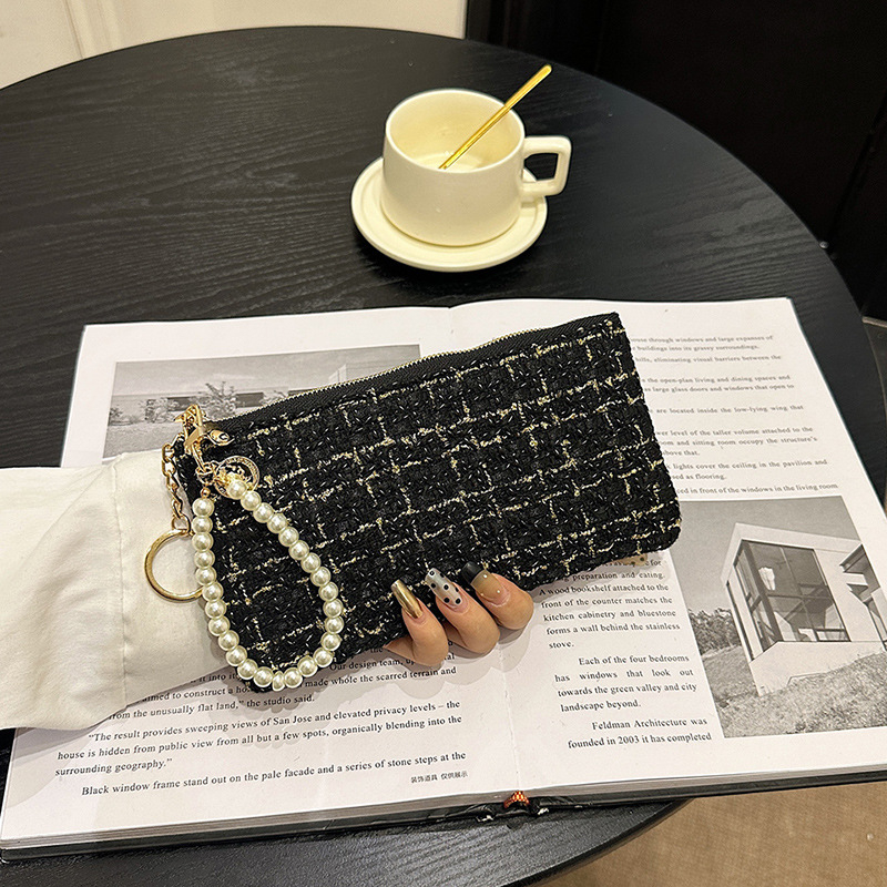 Γυναικείο σύντομο πορτοφόλι με θήκη καρτών, φερμουάρ για κέρματα, θήκη για κλειδιά και θήκη κινητού - καρό μοτίβο σε πολυεστέρα με επένδυση PU, αστικός μινιμαλισμός, μοντέλο 2025