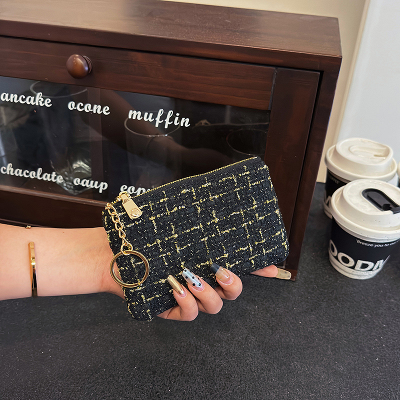 Γυναικείο σύντομο πορτοφόλι με θήκη καρτών, φερμουάρ για κέρματα, θήκη για κλειδιά και θήκη κινητού - καρό μοτίβο σε πολυεστέρα με επένδυση PU, αστικός μινιμαλισμός, μοντέλο 2025