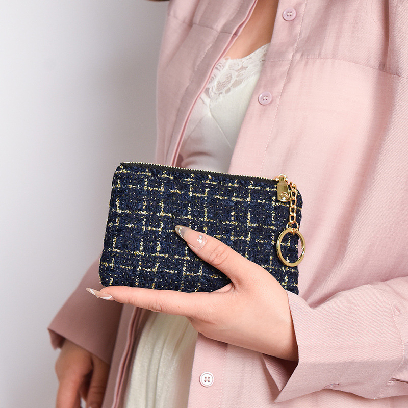 Γυναικείο σύντομο πορτοφόλι με θήκη καρτών, φερμουάρ για κέρματα, θήκη για κλειδιά και θήκη κινητού - καρό μοτίβο σε πολυεστέρα με επένδυση PU, αστικός μινιμαλισμός, μοντέλο 2025