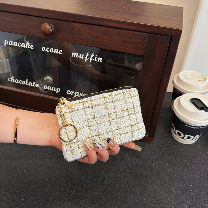 Γυναικείο σύντομο πορτοφόλι με θήκη καρτών, φερμουάρ για κέρματα, θήκη για κλειδιά και θήκη κινητού - καρό μοτίβο σε πολυεστέρα με επένδυση PU, αστικός μινιμαλισμός, μοντέλο 2025