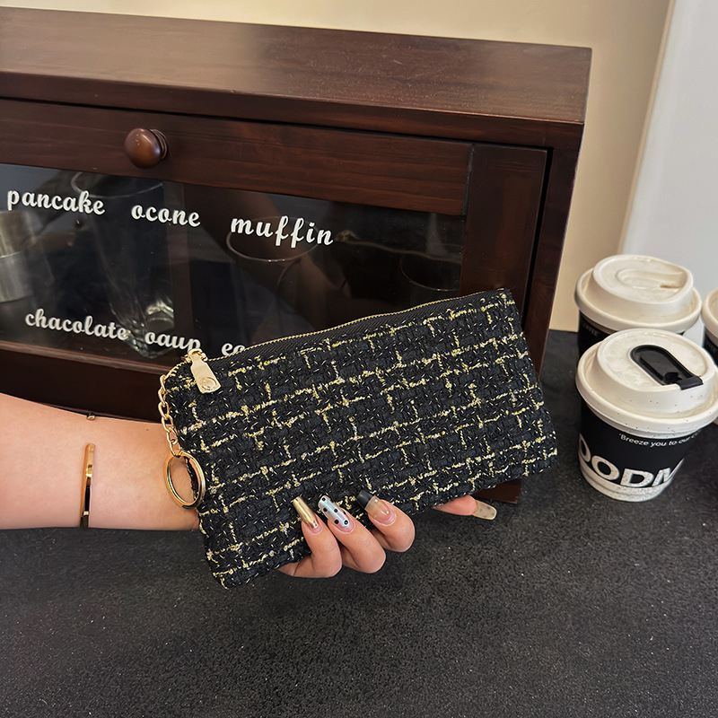 Γυναικείο σύντομο πορτοφόλι με θήκη καρτών, φερμουάρ για κέρματα, θήκη για κλειδιά και θήκη κινητού - καρό μοτίβο σε πολυεστέρα με επένδυση PU, αστικός μινιμαλισμός, μοντέλο 2025