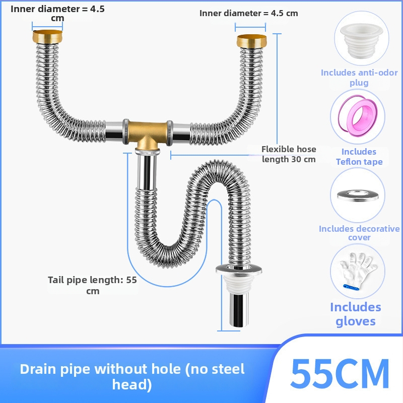 Súprava odtokov pre kuchynský drez z nehrdzavejúcej ocele, ťahový typ, moderný minimalistický štýl, model: Kitchen Sink Steel Head