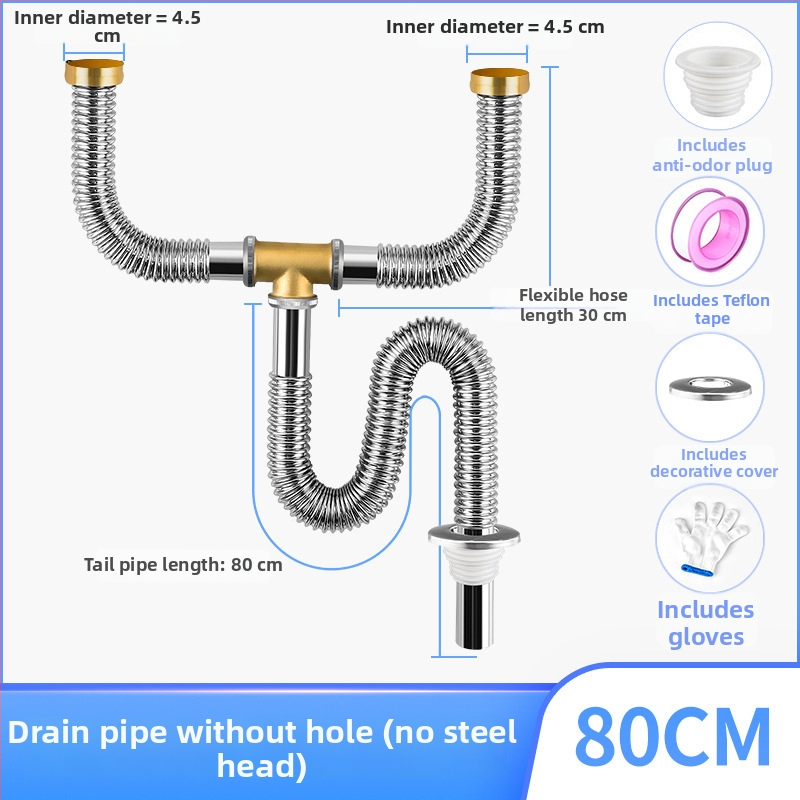 Súprava odtokov pre kuchynský drez z nehrdzavejúcej ocele, ťahový typ, moderný minimalistický štýl, model: Kitchen Sink Steel Head