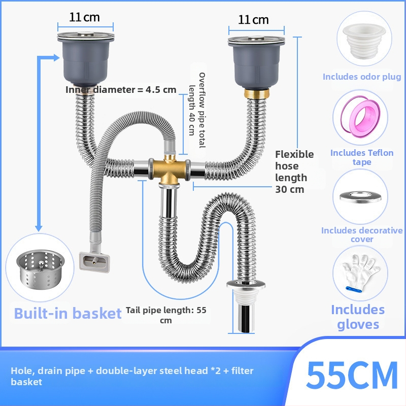 Súprava odtokov pre kuchynský drez z nehrdzavejúcej ocele, ťahový typ, moderný minimalistický štýl, model: Kitchen Sink Steel Head