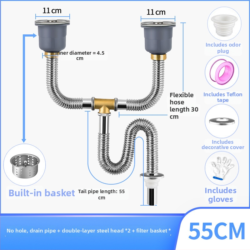 Súprava odtokov pre kuchynský drez z nehrdzavejúcej ocele, ťahový typ, moderný minimalistický štýl, model: Kitchen Sink Steel Head