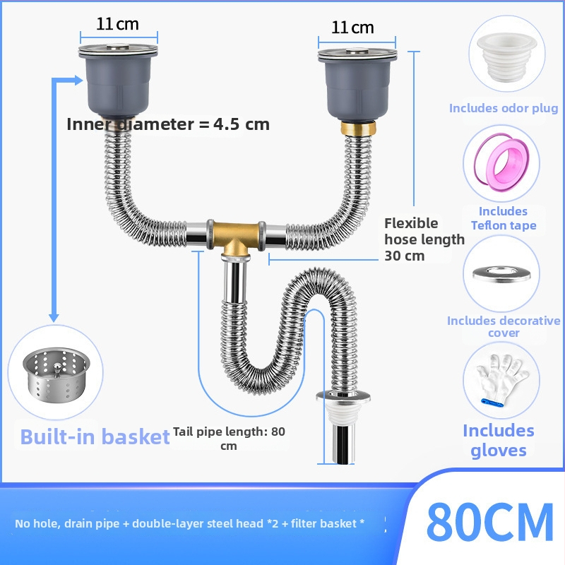 Súprava odtokov pre kuchynský drez z nehrdzavejúcej ocele, ťahový typ, moderný minimalistický štýl, model: Kitchen Sink Steel Head