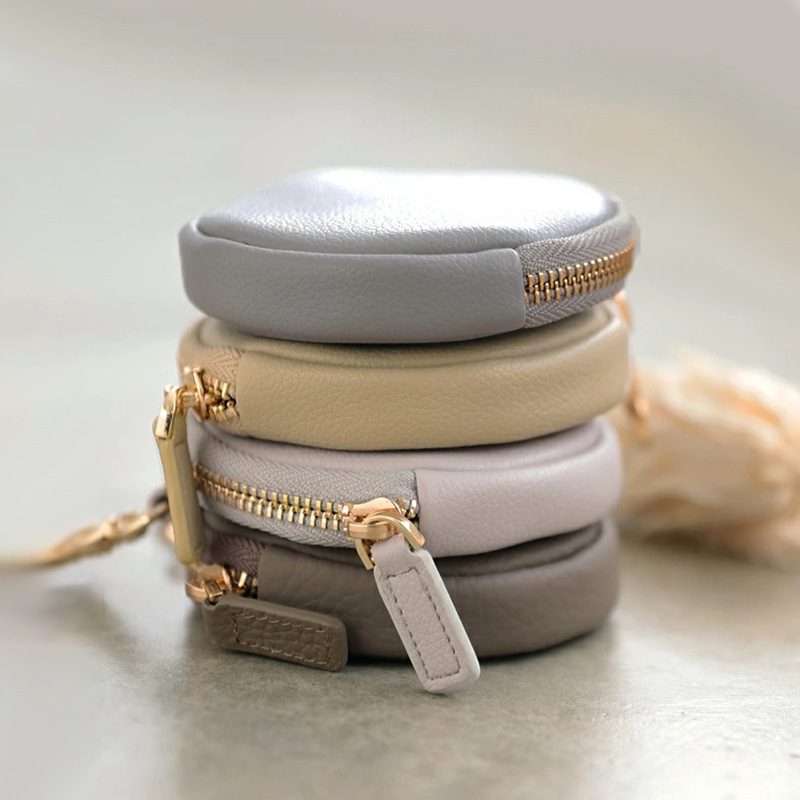 Στρογγυλό πορτοφόλι από γνήσιο δέρμα με θήκη για ακουστικά, unisex, αστικός μινιμαλιστικός σχεδιασμός