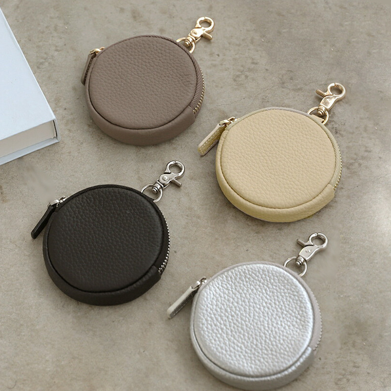 Στρογγυλό πορτοφόλι από γνήσιο δέρμα με θήκη για ακουστικά, unisex, αστικός μινιμαλιστικός σχεδιασμός