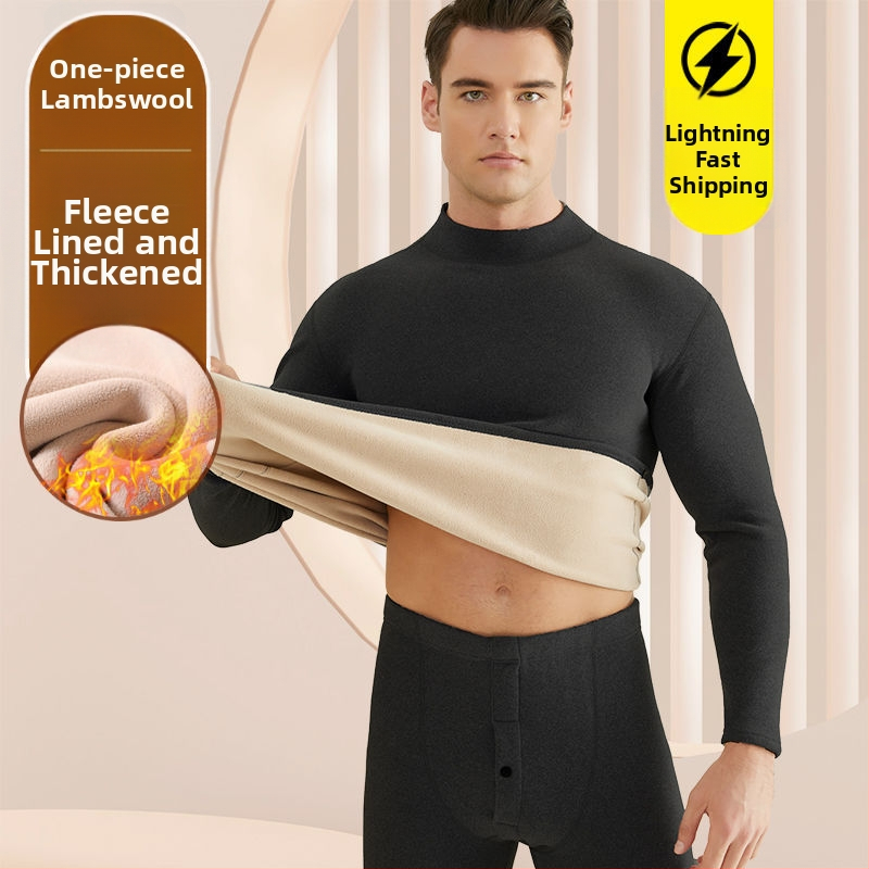 Set de lenjerie termică pentru bărbați, cu fleece din lână de miel, țesătură foarte groasă (501-600 g/m²), 90-95% acrilic, mâneci lungi, guler cu o singură linie