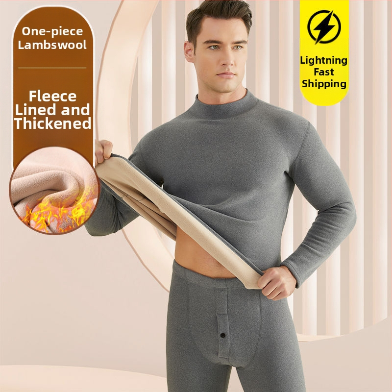 Set de lenjerie termică pentru bărbați, cu fleece din lână de miel, țesătură foarte groasă (501-600 g/m²), 90-95% acrilic, mâneci lungi, guler cu o singură linie