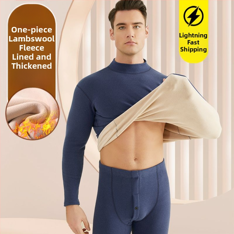 Set de lenjerie termică pentru bărbați, cu fleece din lână de miel, țesătură foarte groasă (501-600 g/m²), 90-95% acrilic, mâneci lungi, guler cu o singură linie