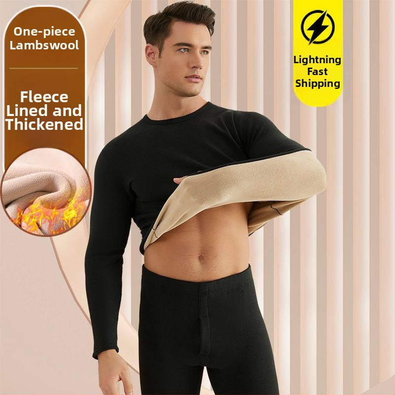 Set de lenjerie termică pentru bărbați, cu fleece din lână de miel, țesătură foarte groasă (501-600 g/m²), 90-95% acrilic, mâneci lungi, guler cu o singură linie