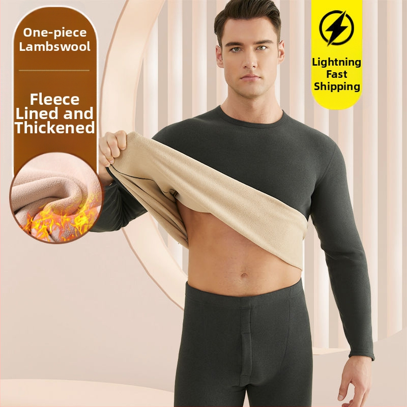 Set de lenjerie termică pentru bărbați, cu fleece din lână de miel, țesătură foarte groasă (501-600 g/m²), 90-95% acrilic, mâneci lungi, guler cu o singură linie