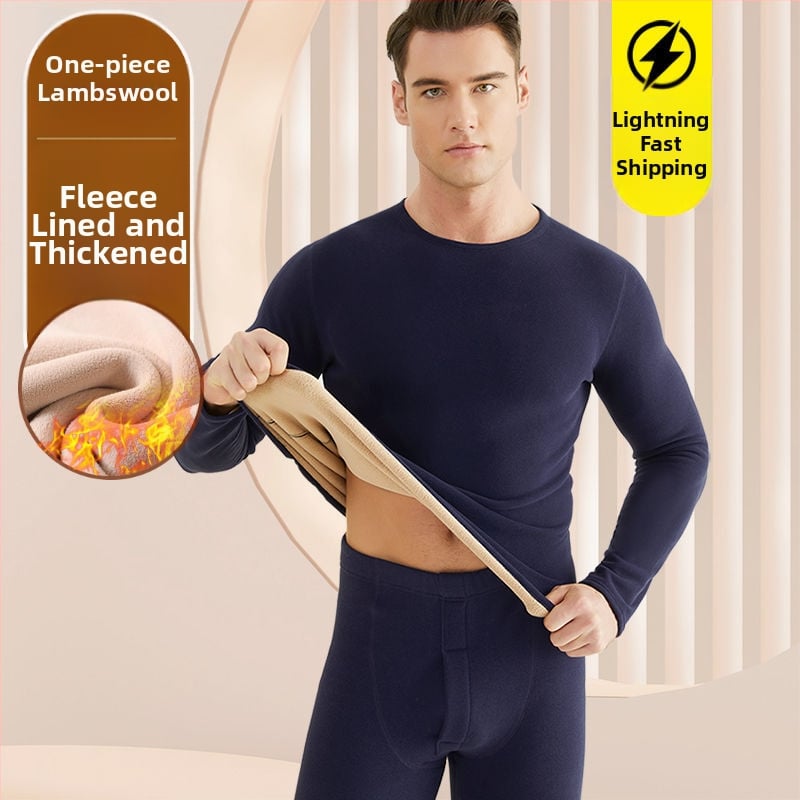 Set de lenjerie termică pentru bărbați, cu fleece din lână de miel, țesătură foarte groasă (501-600 g/m²), 90-95% acrilic, mâneci lungi, guler cu o singură linie