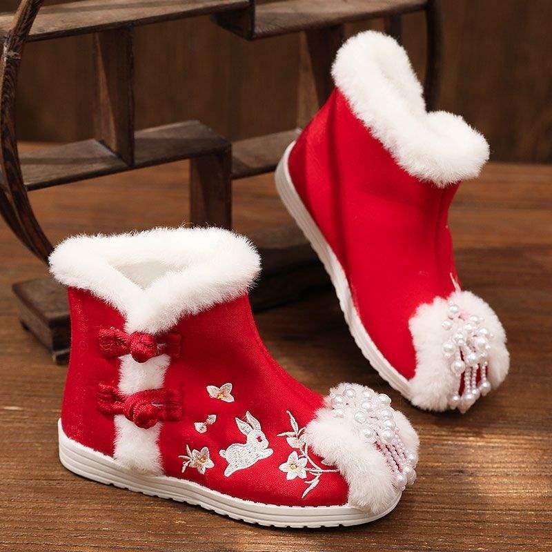 Χειροποίητα υφαντά παπούτσια, κινεζικού στυλ με τετράγωνο τακούνι, βαμβακερό πάνω μέρος, καουτσούκ σόλα, χωρίς κορδόνια