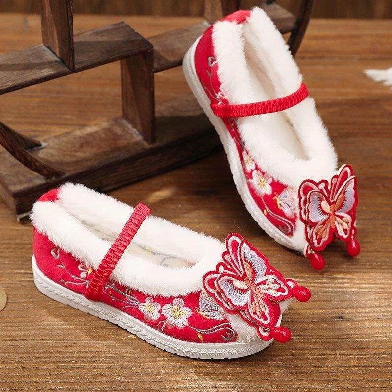 Χειροποίητα υφαντά παπούτσια, κινεζικού στυλ με τετράγωνο τακούνι, βαμβακερό πάνω μέρος, καουτσούκ σόλα, χωρίς κορδόνια