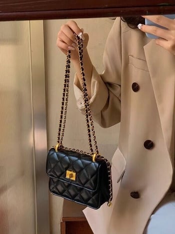 Γυναικεία PU crossbody τσάντα με αλυσίδα, τετράγωνο οριζόντιο σχήμα, κλείσιμο με λουκέτο, εσωτερικά: θήκη με φερμουάρ, θήκη για κινητό, επιπλέον θήκη με φερμουάρ