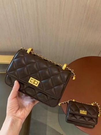 Γυναικεία PU crossbody τσάντα με αλυσίδα, τετράγωνο οριζόντιο σχήμα, κλείσιμο με λουκέτο, εσωτερικά: θήκη με φερμουάρ, θήκη για κινητό, επιπλέον θήκη με φερμουάρ