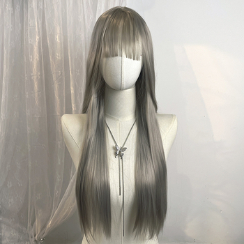 Perucă lungă, dreaptă, pentru cosplay în stil japonez, cu breton aerian, aspect natural și realist, fibre rezistente la temperaturi înalte, mecanism de fabricație