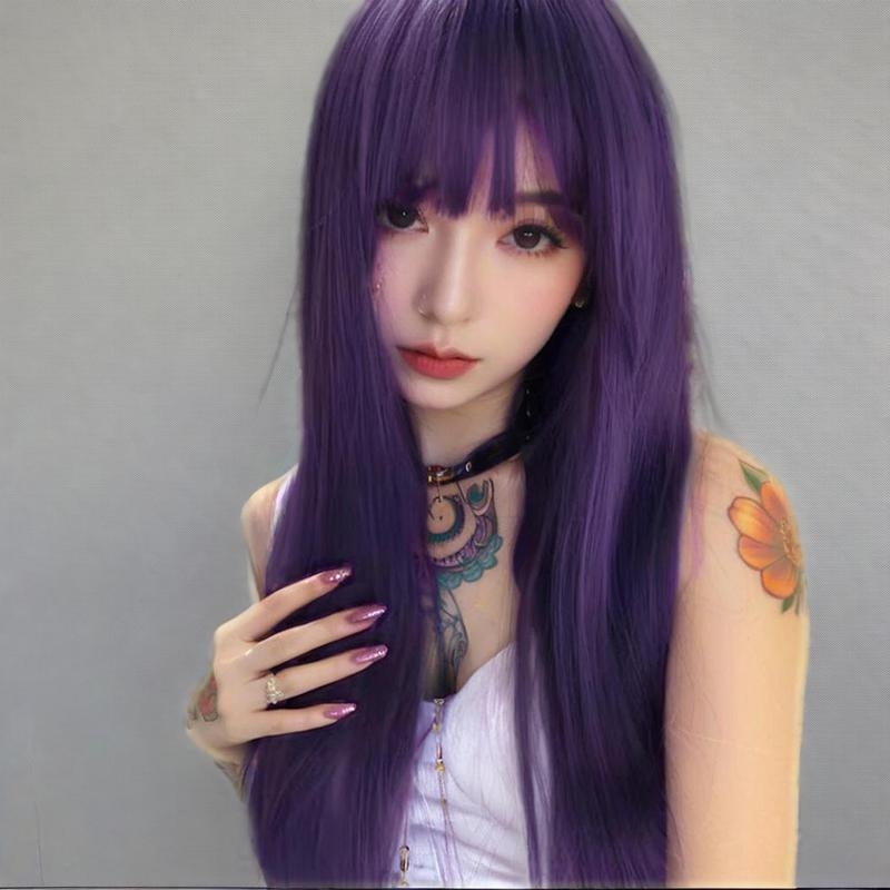 Perucă lungă, dreaptă, pentru cosplay în stil japonez, cu breton aerian, aspect natural și realist, fibre rezistente la temperaturi înalte, mecanism de fabricație