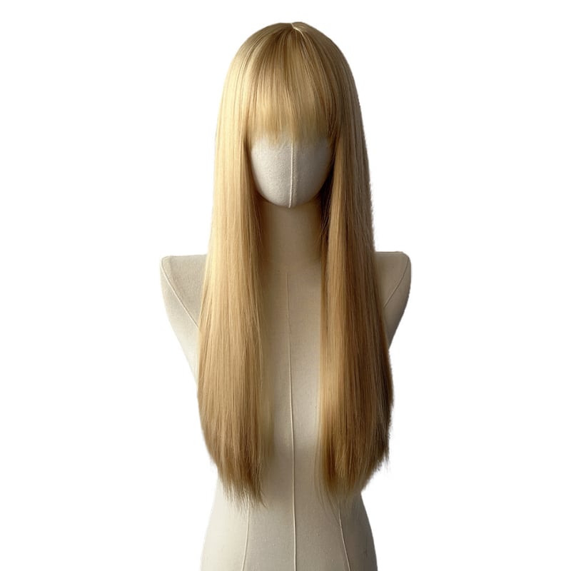 Perucă lungă, dreaptă, pentru cosplay în stil japonez, cu breton aerian, aspect natural și realist, fibre rezistente la temperaturi înalte, mecanism de fabricație