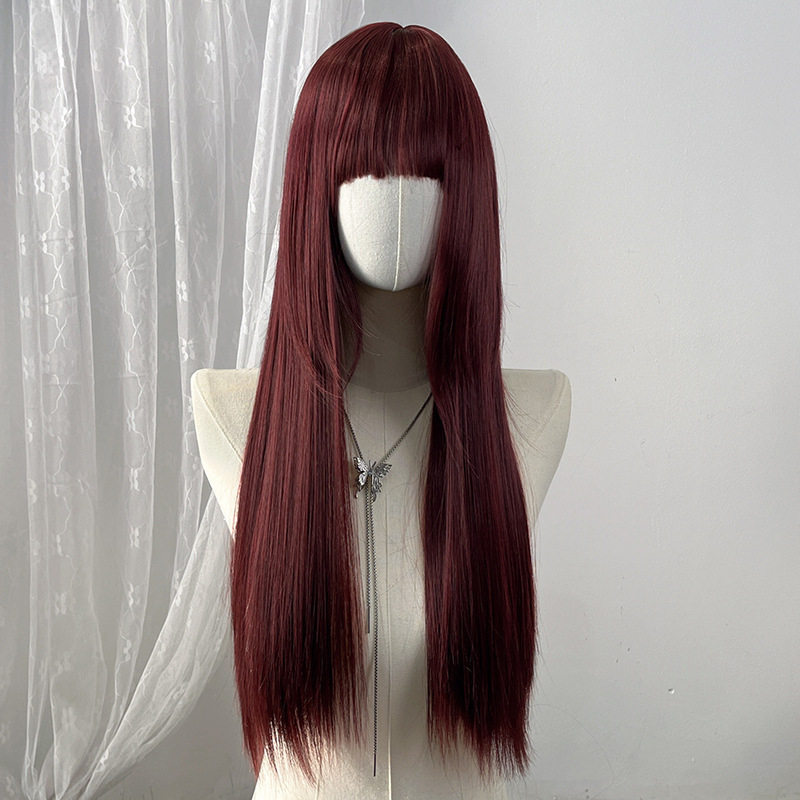 Perucă lungă, dreaptă, pentru cosplay în stil japonez, cu breton aerian, aspect natural și realist, fibre rezistente la temperaturi înalte, mecanism de fabricație