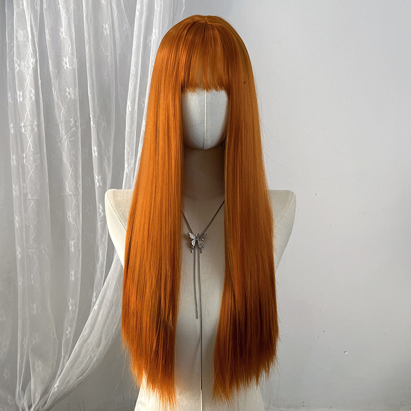 Perucă lungă, dreaptă, pentru cosplay în stil japonez, cu breton aerian, aspect natural și realist, fibre rezistente la temperaturi înalte, mecanism de fabricație