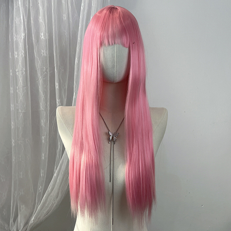 Perucă lungă, dreaptă, pentru cosplay în stil japonez, cu breton aerian, aspect natural și realist, fibre rezistente la temperaturi înalte, mecanism de fabricație