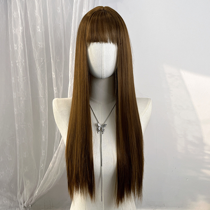 Perucă lungă, dreaptă, pentru cosplay în stil japonez, cu breton aerian, aspect natural și realist, fibre rezistente la temperaturi înalte, mecanism de fabricație