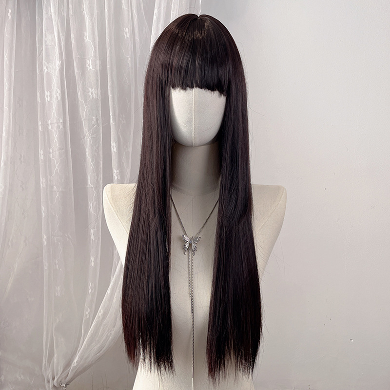 Perucă lungă, dreaptă, pentru cosplay în stil japonez, cu breton aerian, aspect natural și realist, fibre rezistente la temperaturi înalte, mecanism de fabricație