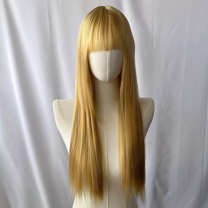 Perucă lungă, dreaptă, pentru cosplay în stil japonez, cu breton aerian, aspect natural și realist, fibre rezistente la temperaturi înalte, mecanism de fabricație