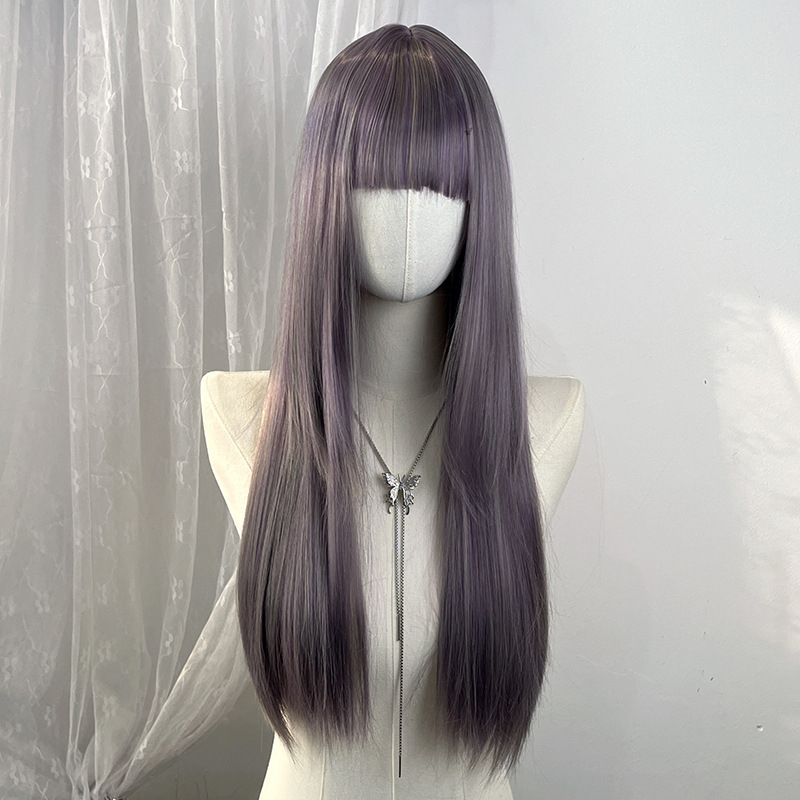 Perucă lungă, dreaptă, pentru cosplay în stil japonez, cu breton aerian, aspect natural și realist, fibre rezistente la temperaturi înalte, mecanism de fabricație