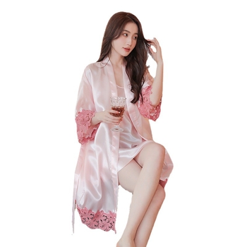 Δαντελένιες νύφης πιτζάμες με καρντάγαν γαλλικού στυλ, πολυεστέρας 95% (εικονική μεταξωτή ύφανση), λεπτή ύφανση, μανίκια 3/4, χωρίς γιακά