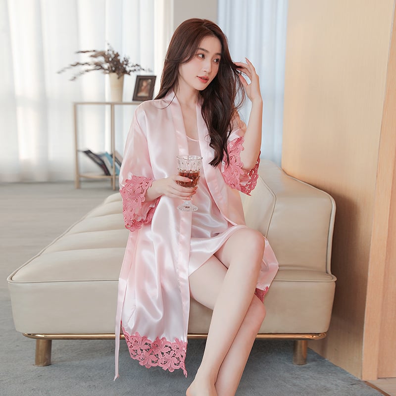 Δαντελένιες νύφης πιτζάμες με καρντάγαν γαλλικού στυλ, πολυεστέρας 95% (εικονική μεταξωτή ύφανση), λεπτή ύφανση, μανίκια 3/4, χωρίς γιακά