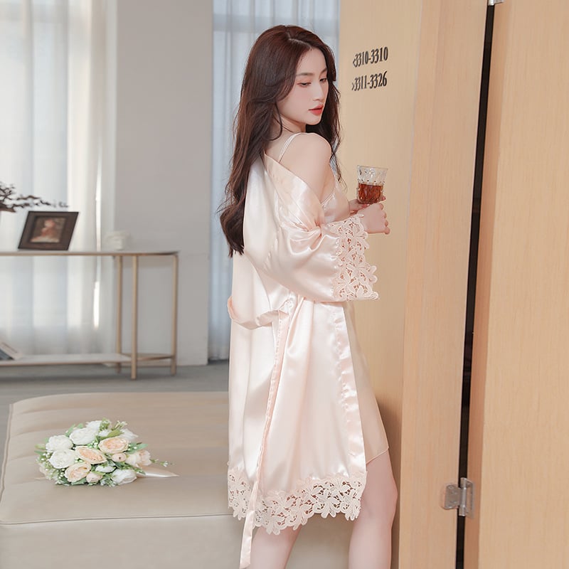 Δαντελένιες νύφης πιτζάμες με καρντάγαν γαλλικού στυλ, πολυεστέρας 95% (εικονική μεταξωτή ύφανση), λεπτή ύφανση, μανίκια 3/4, χωρίς γιακά