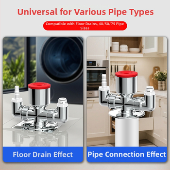ABS materiál práčka odtok trojramenný rozdeľovač, 20 mm odbočovací priemer, 60 mm výška vodného tesnenia, teplotný rozsah -20 až 90, montáž ručným tlakom