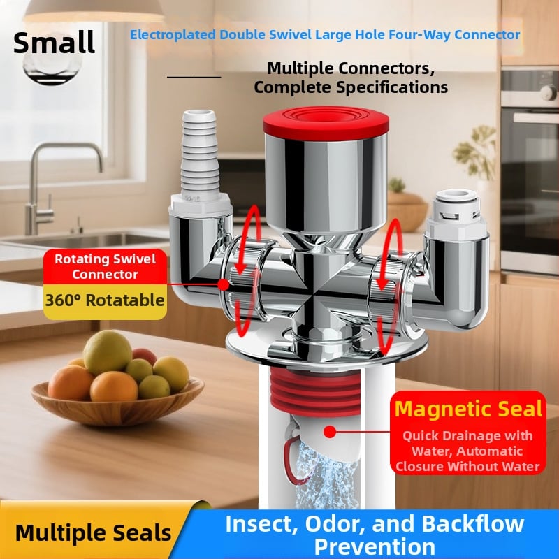 ABS materiál práčka odtok trojramenný rozdeľovač, 20 mm odbočovací priemer, 60 mm výška vodného tesnenia, teplotný rozsah -20 až 90, montáž ručným tlakom