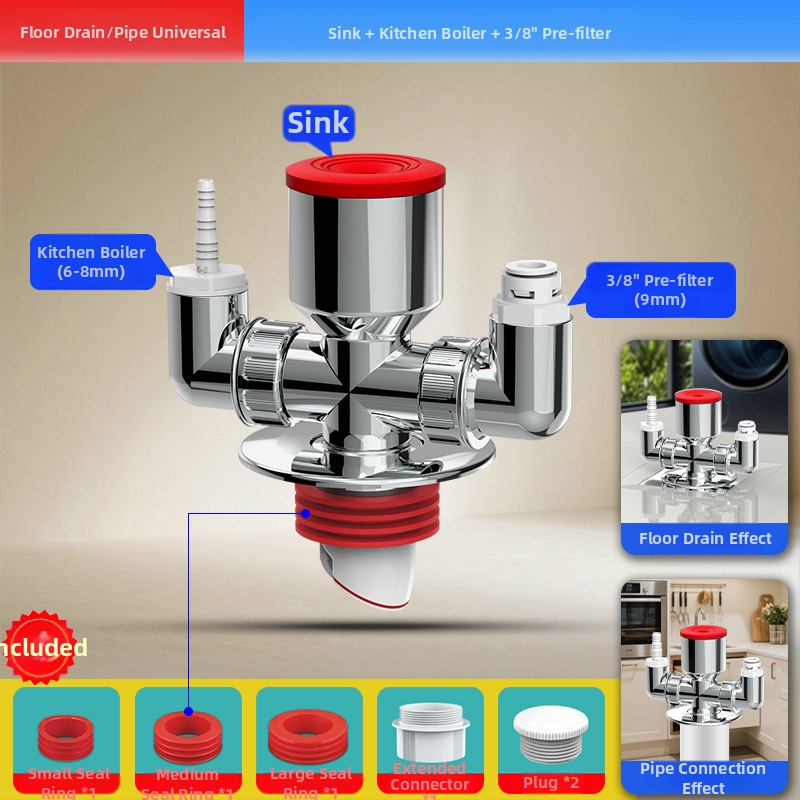 ABS materiál práčka odtok trojramenný rozdeľovač, 20 mm odbočovací priemer, 60 mm výška vodného tesnenia, teplotný rozsah -20 až 90, montáž ručným tlakom