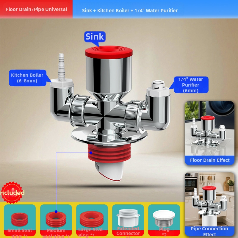 ABS materiál práčka odtok trojramenný rozdeľovač, 20 mm odbočovací priemer, 60 mm výška vodného tesnenia, teplotný rozsah -20 až 90, montáž ručným tlakom