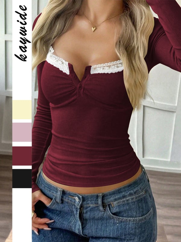 Γυναικείο πλεκτό μακρυμάνικο τοπ από βισκόζη, στενή γραμμή, ημι-ανοιχτή λαιμόκοψη, μονόχρωμο, φθινόπωρο 2025