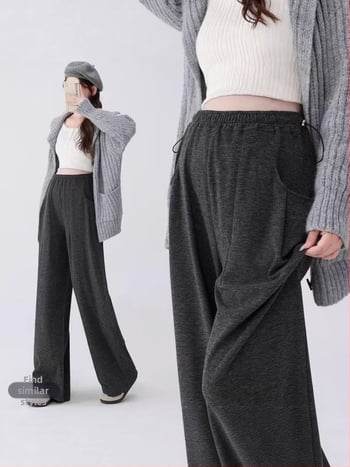 Pantaloni de maternitate de iarnă, talie reglabilă, talie înaltă, croială dreaptă, fleece gros, amestec poliester-spandex 50–70% pentru susținerea abdomenului