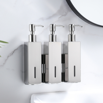 Стенно монтиран квадратен дозатор за течности — 304 неръждаема стомана, ръчно натискане, монтаж без пробиване, лъскава повърхност