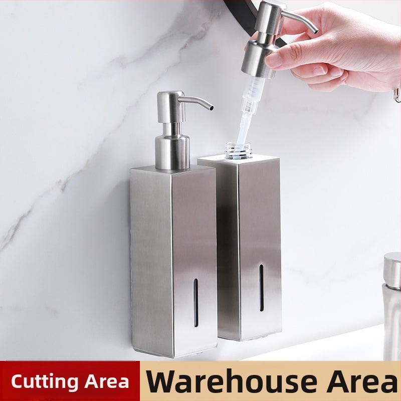 Стенно монтиран квадратен дозатор за течности — 304 неръждаема стомана, ръчно натискане, монтаж без пробиване, лъскава повърхност