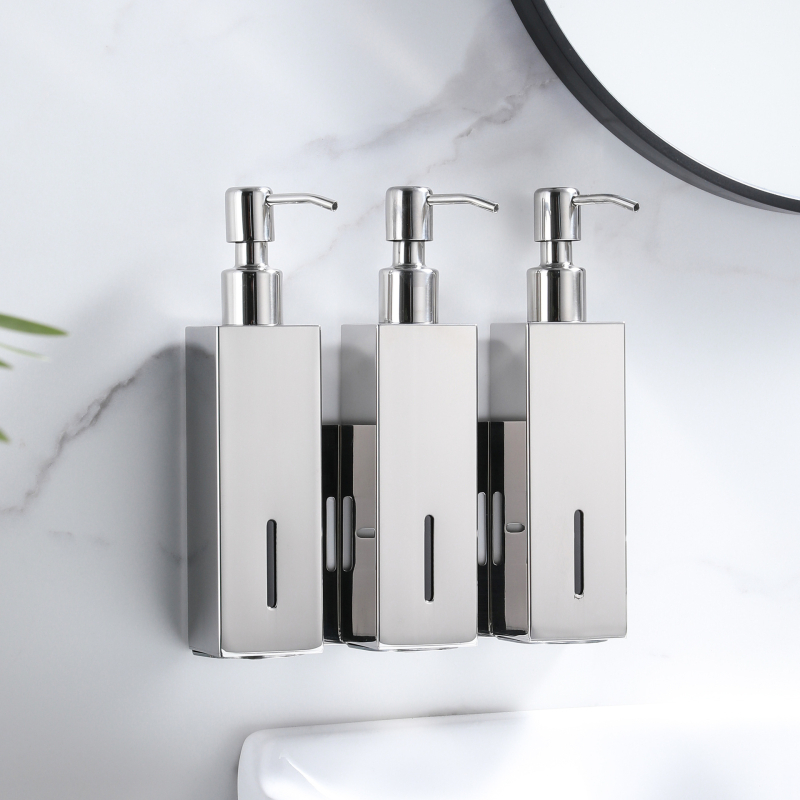 Стенно монтиран квадратен дозатор за течности — 304 неръждаема стомана, ръчно натискане, монтаж без пробиване, лъскава повърхност