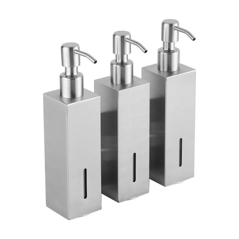 Стенно монтиран квадратен дозатор за течности — 304 неръждаема стомана, ръчно натискане, монтаж без пробиване, лъскава повърхност