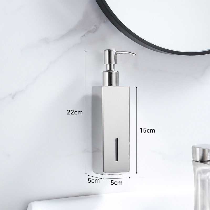 Стенно монтиран квадратен дозатор за течности — 304 неръждаема стомана, ръчно натискане, монтаж без пробиване, лъскава повърхност