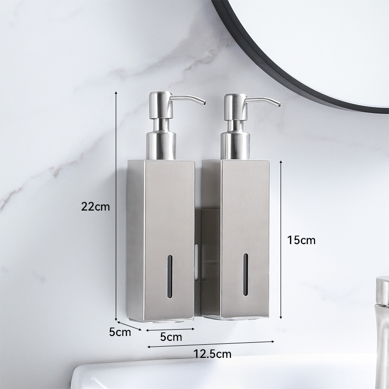 Стенно монтиран квадратен дозатор за течности — 304 неръждаема стомана, ръчно натискане, монтаж без пробиване, лъскава повърхност