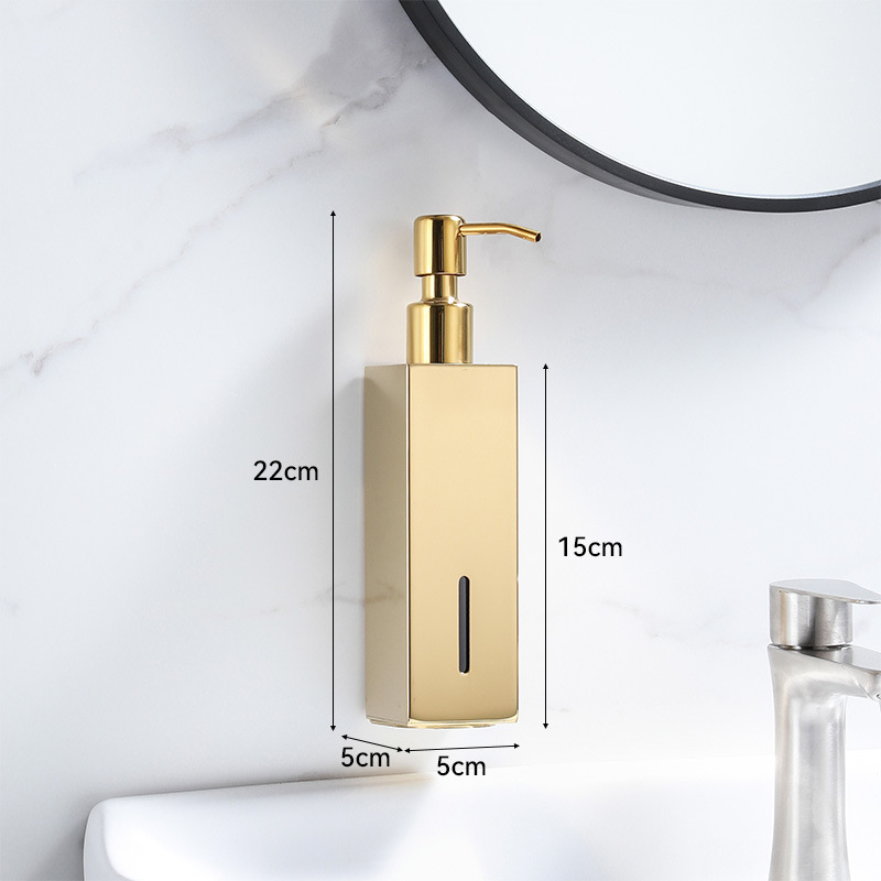 Стенно монтиран квадратен дозатор за течности — 304 неръждаема стомана, ръчно натискане, монтаж без пробиване, лъскава повърхност