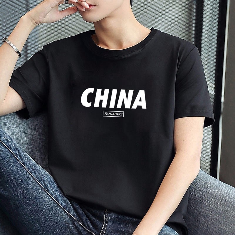 Tricou bărbați cu mâneci scurte, stil coreean, țesătură Milk Silk, guler rotund, imprimeu geometric cu litere