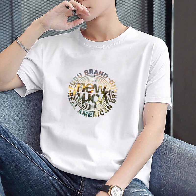 Tricou bărbați cu mâneci scurte, stil coreean, țesătură Milk Silk, guler rotund, imprimeu geometric cu litere